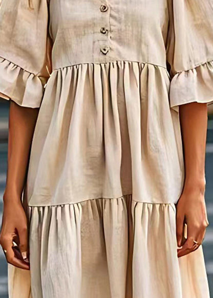 Beige V Neck Wrinkled Patchwork Linen Dresses Summer