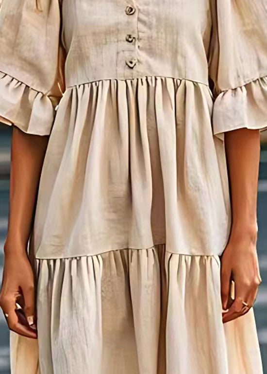 Beige V Neck Wrinkled Patchwork Linen Dresses Summer