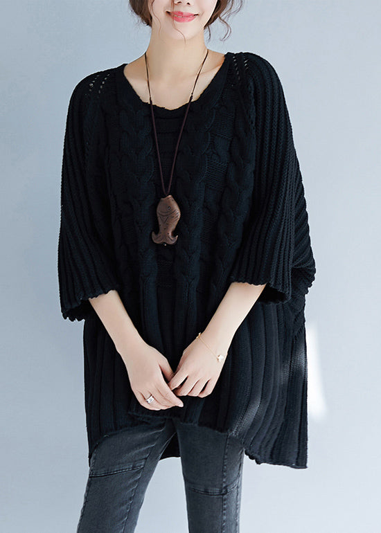 Khaki O Neck Hollow Out Knit Tops Batwing Sleeve