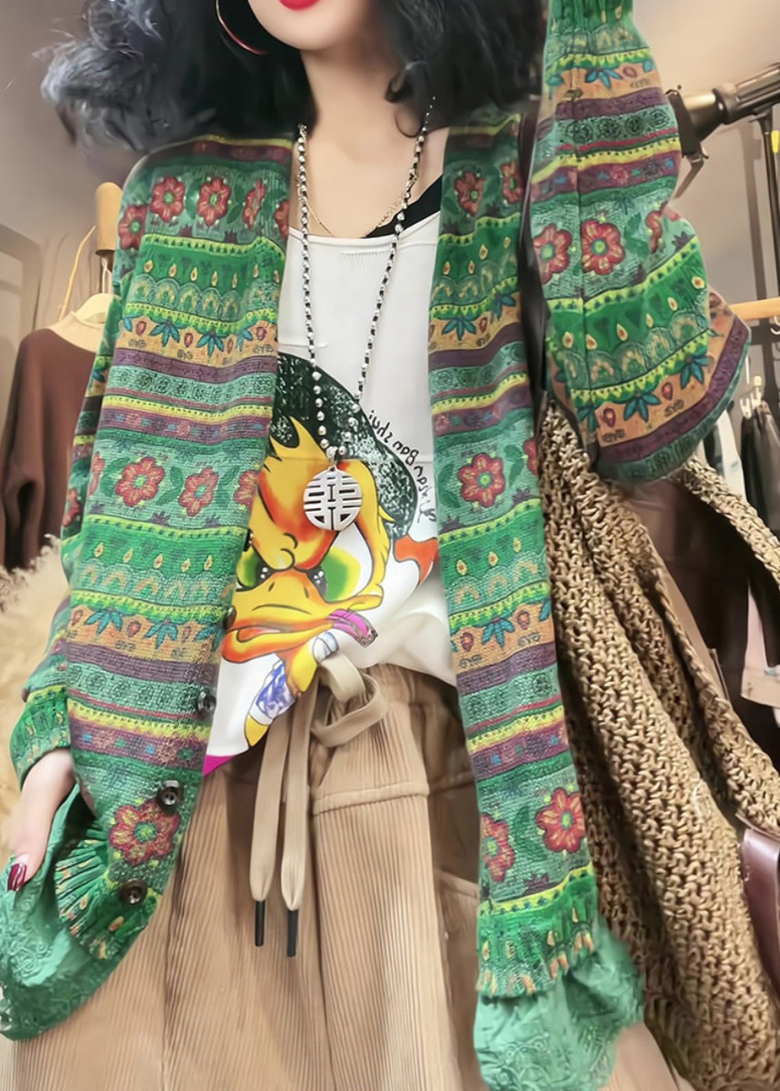 Green V Neck Cozy Knit Cardigan Fall