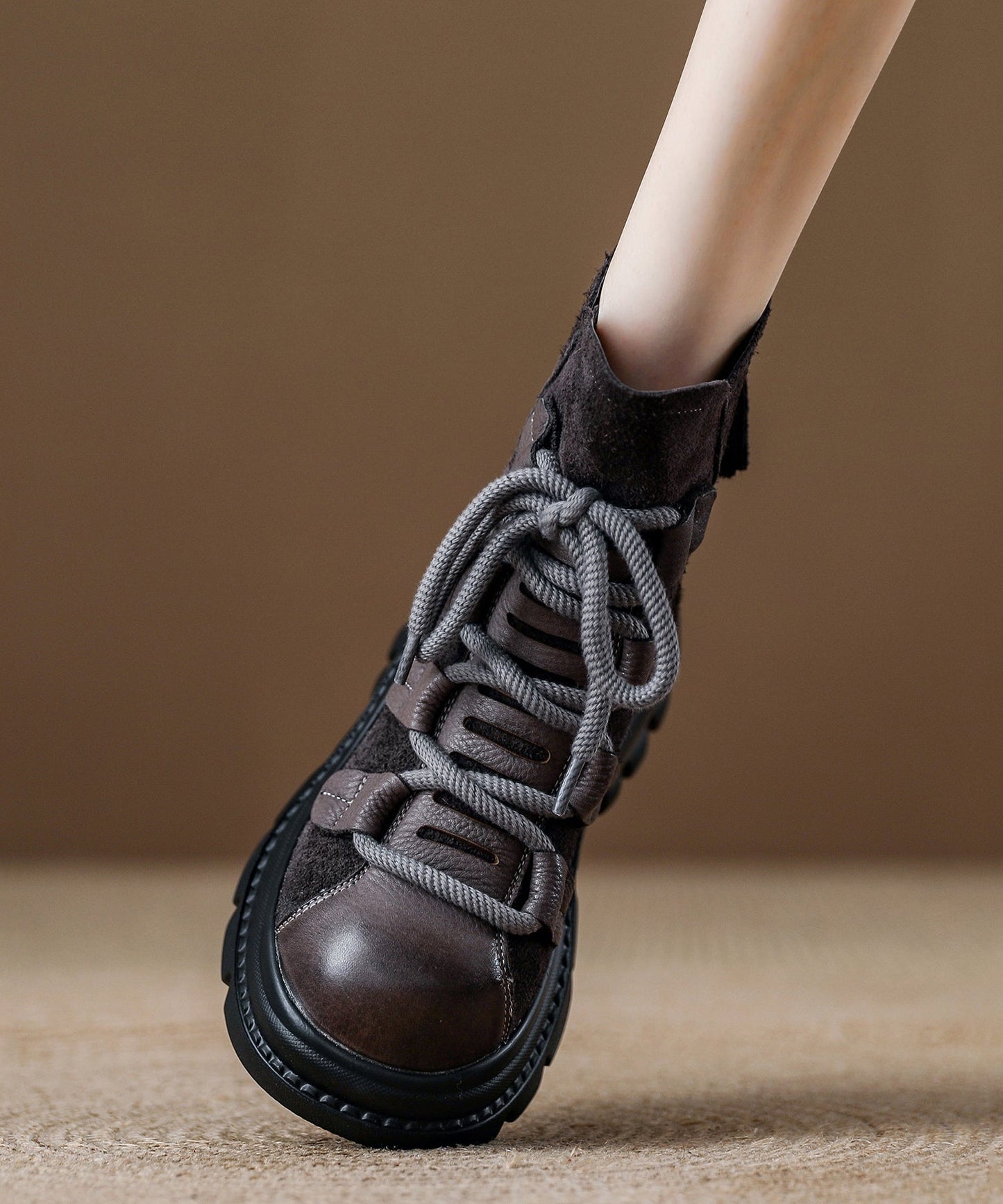 Grey Platform Suede Splicing Lace Up Boots