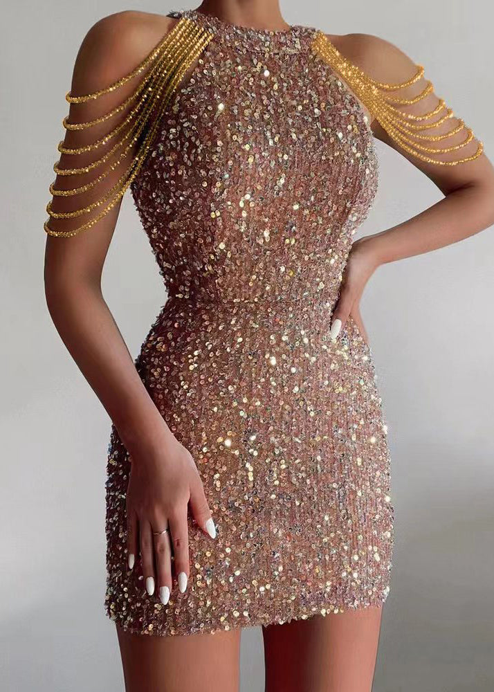 New Pink Neck Hanging Crystal Chain Sequin Dress