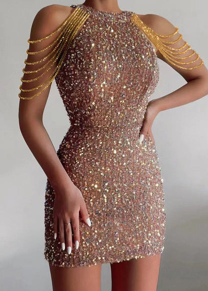New Pink Neck Hanging Crystal Chain Sequin Dress