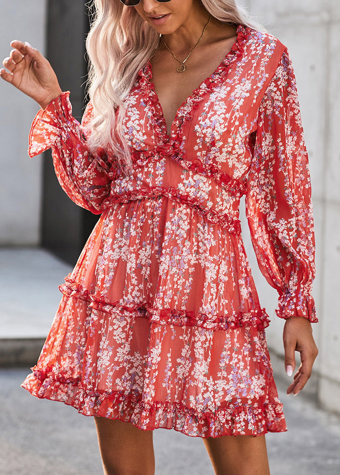 Red Ruffled Print Patchwork Chiffon Mid Dress Spring