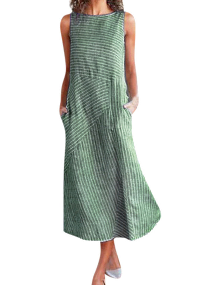 Blue O Neck Striped Pockets Cotton Dress Sleeveless