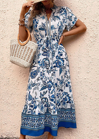 Blue Print Drawstring Chiffon Holiday Dress Summer