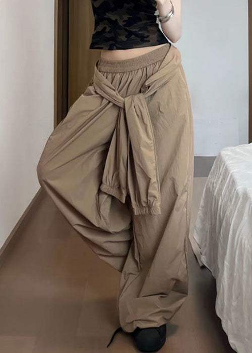 Khaki Pockets Elastic Waist Cotton Pants Summer