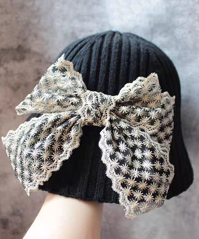 New Sweet Beige Lace Bow Knitted Bucket Hat