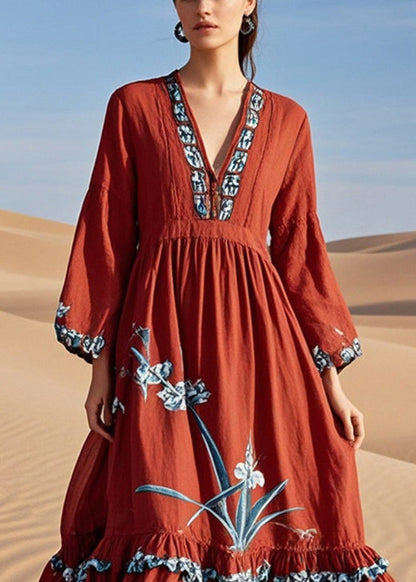 Diy Red Ruffled Print Cotton Maxi Dresses Fall