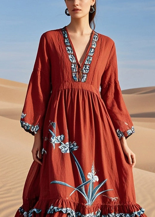 Diy Red Ruffled Print Cotton Maxi Dresses Fall