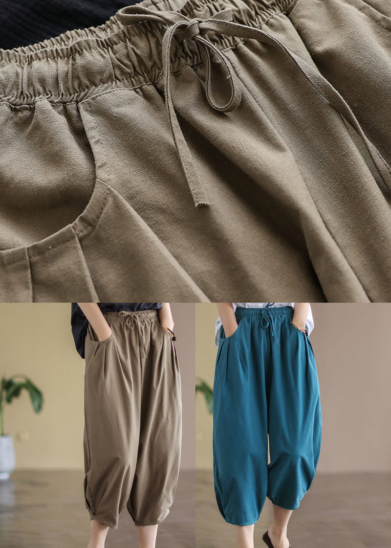 Italian Blue Wrinkled Pockets Linen Crop Pants Summer