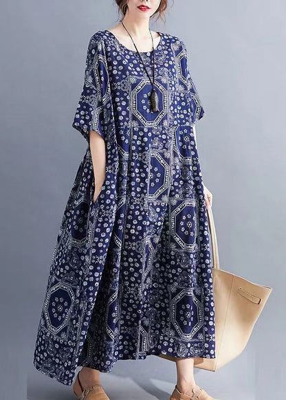Red O Neck Print Pockets Cotton Long Dress Summer