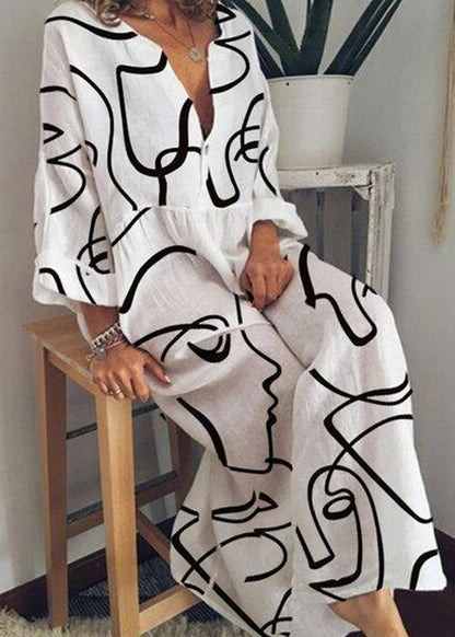 White V Neck Print Patchwork Cotton Long Dress Summer