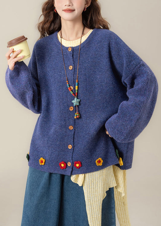 Art Blue O Neck Button Knit Coat Spring