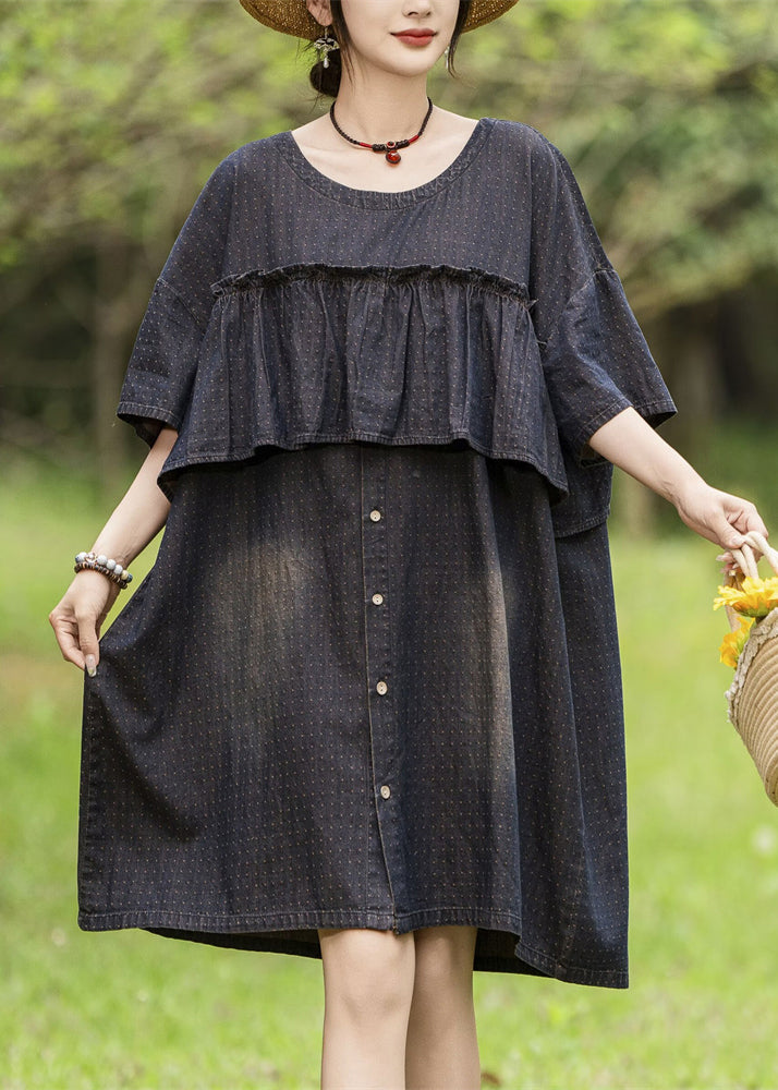 Loose Black O-neck Ruffled Print Denim Dress Summer