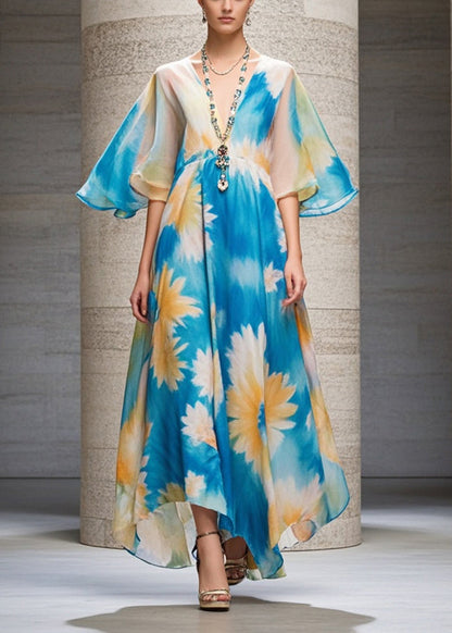 Blue V Neck Print Chiffon Long Dress Summer