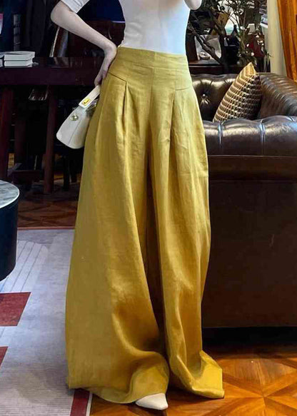 Yellow Pockets High Waist Linen Wide Leg Pants Summer