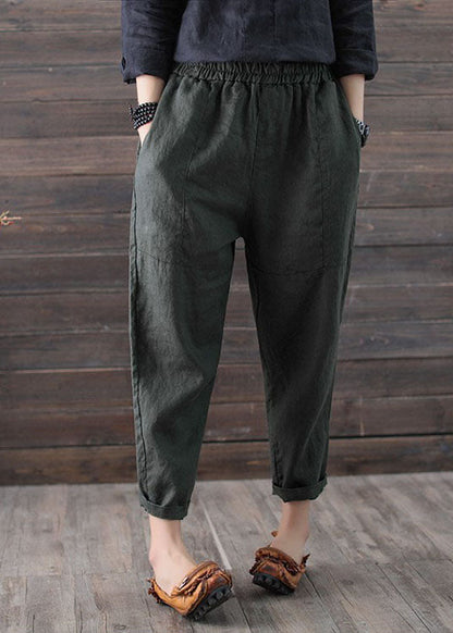 Handmade Army Green Elastic Waist Linen Harem Pants Summer
