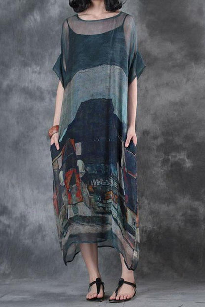 Limited Stock- Summer Short Sleeves Loose Prints Dress(two Pieces)