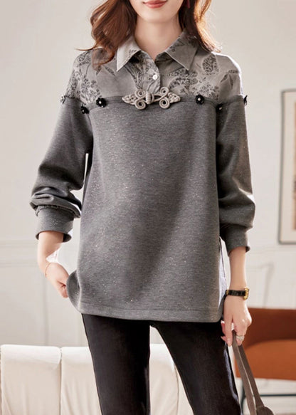 Grey Peter Pan Collar Patchwork Cotton Sweatshirts Fall