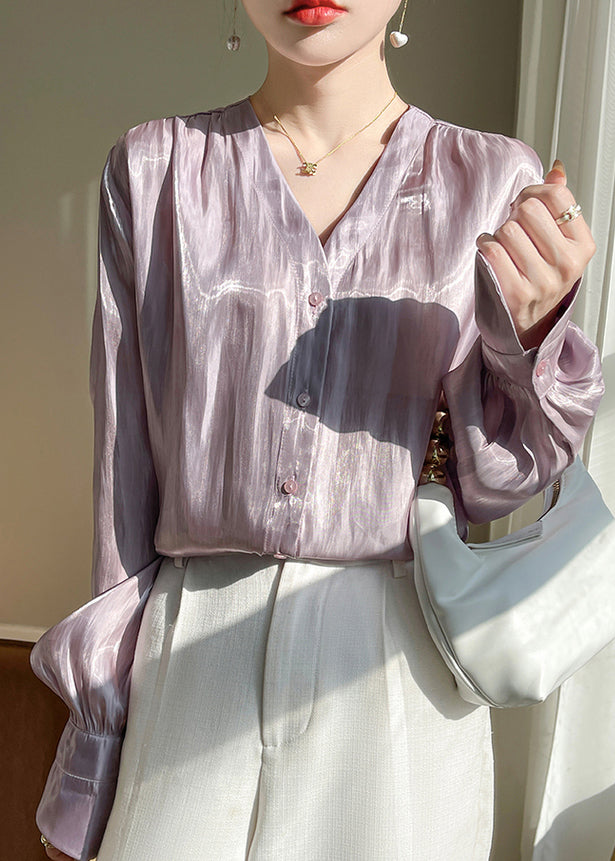 Loose Purple V Neck Silk Shirt Long Sleeve