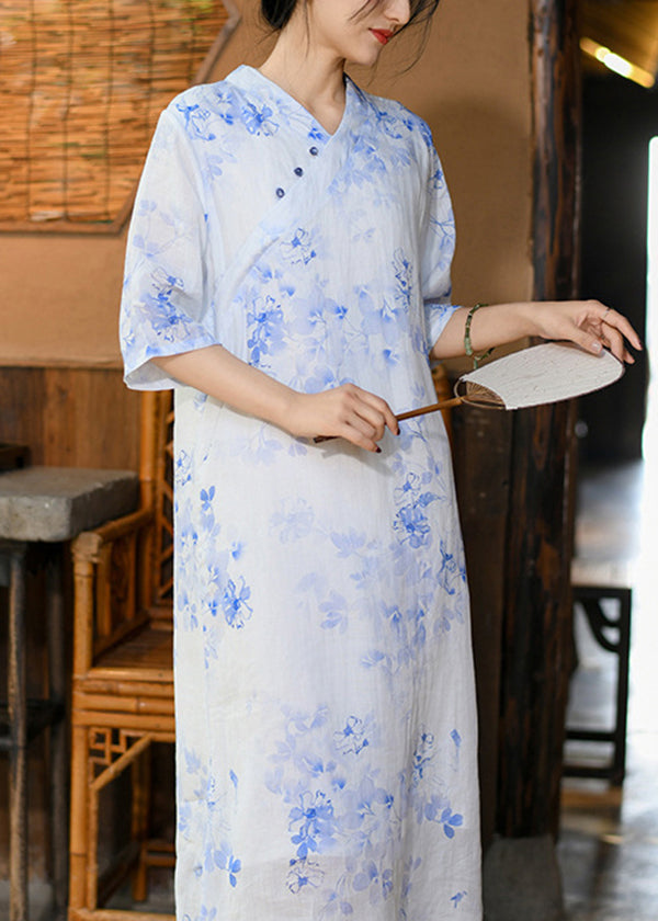 Original Design Blue V Neck Print Linen Dress Summer