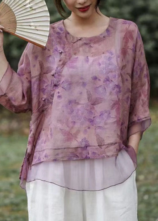Purple Print Chinese Button Patchwork Linen Top Summer