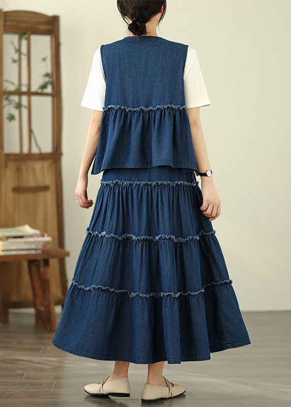 Loose Navy Ruffled Patchwork Denim Top and Maxi Skirts Two Piece Set Sleeveless