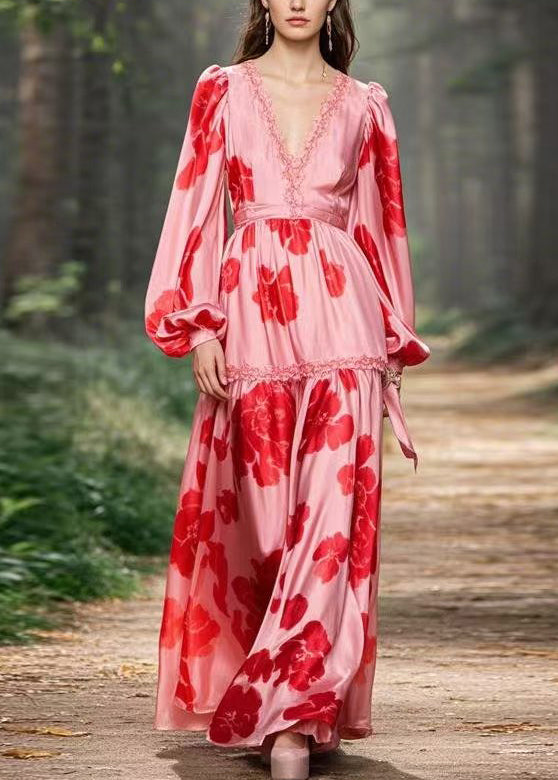 Pink Ruffled Print Chiffon Long Dress Spring
