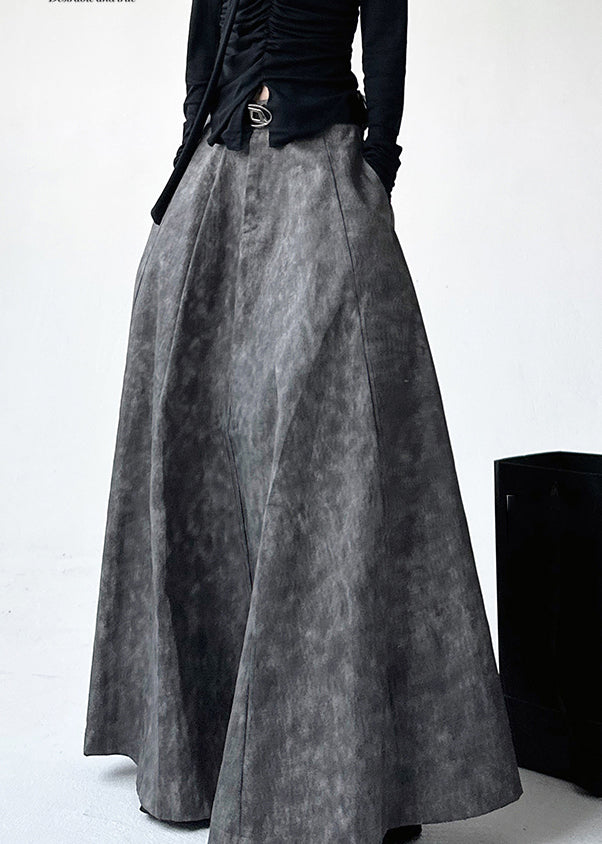 Handmade Grey Print High Waist a Line Skirt Spring