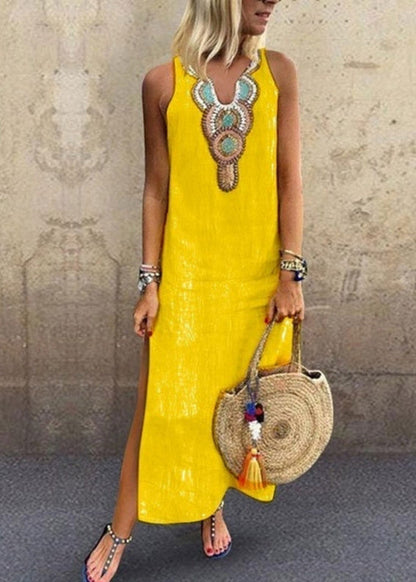 Yellow V Neck Embroidered Cotton Long Dress Sleeveless