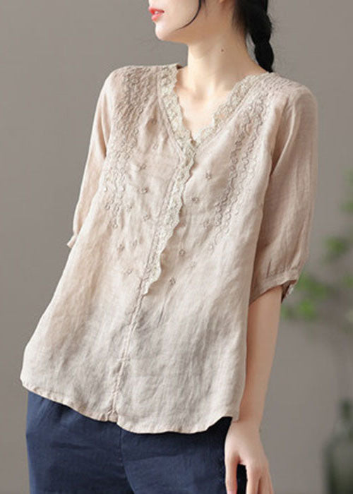 Khaki Embroidered Lace Patchwork Linen Shirt Half Sleeve
