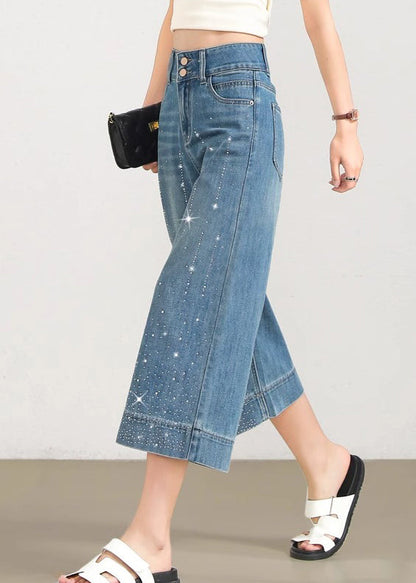 Blue Pockets Zircon Denim Crop Pants Summer