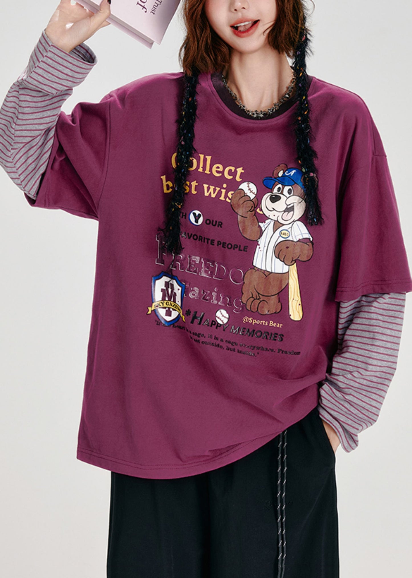 Purple Oversized Patchwork Cotton Fake Two Piece Pullover Tops Spring