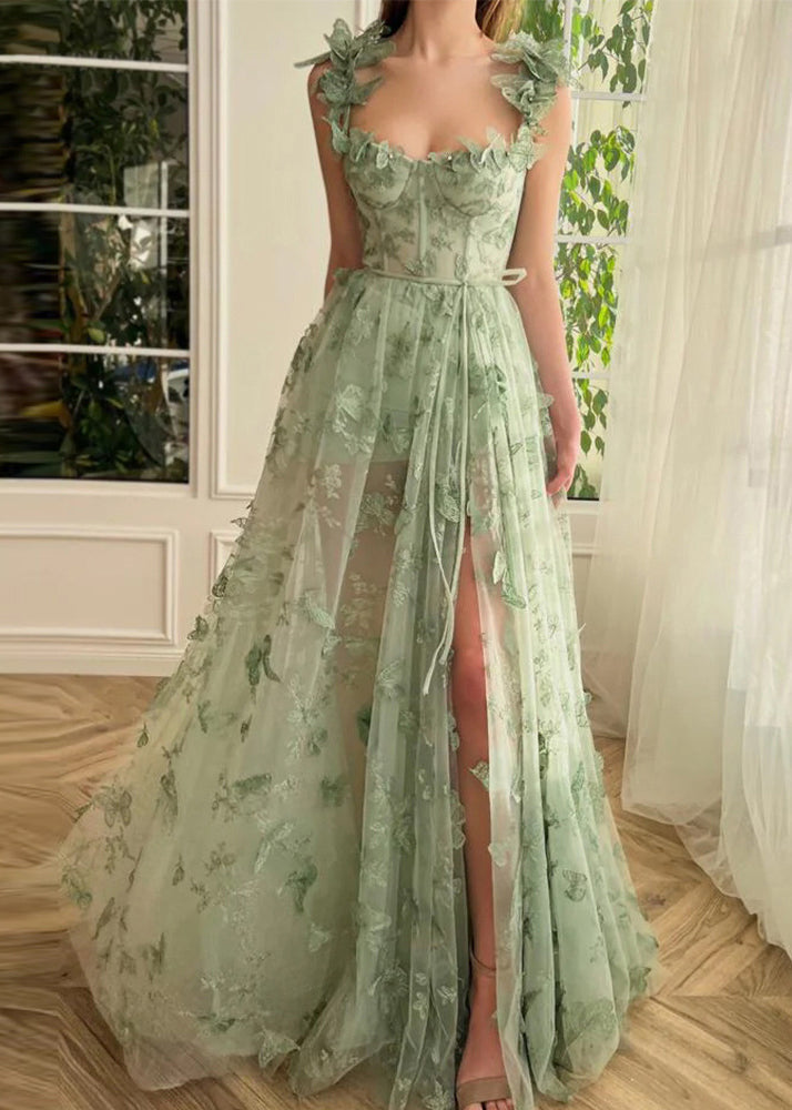 Green Butterfly Side Open Tulle Maxi Dresses Sleeveless