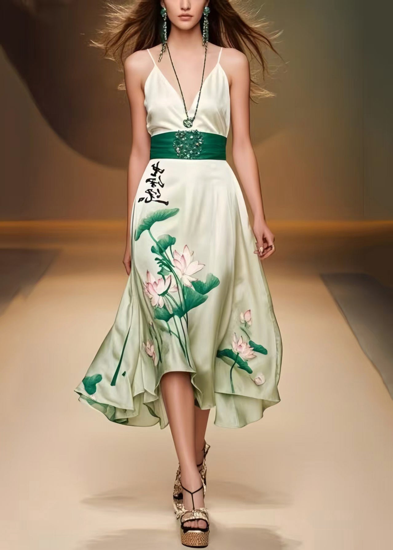 Green Cinched Lotus Leaf Print Silk Mini Dress Sleeveless