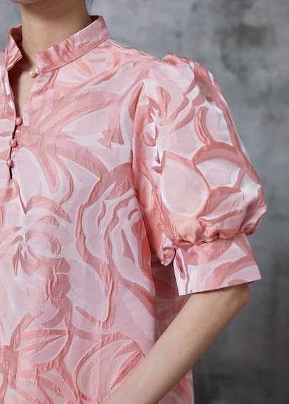 Pink Stand Collar Jacquard Silk Robe Dresses Summer