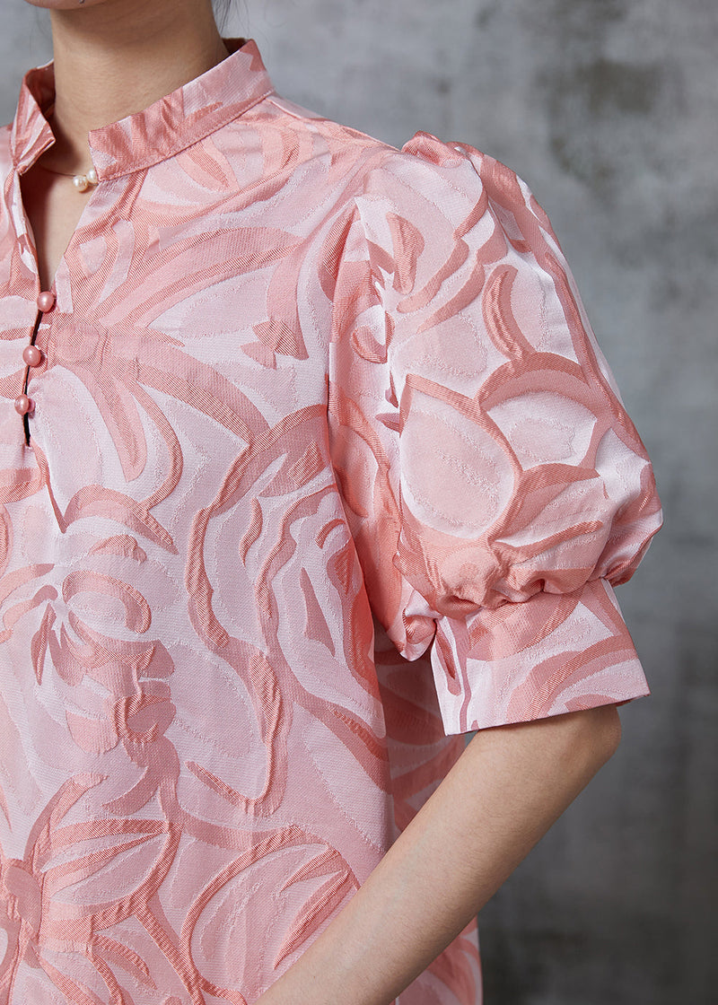 Pink Stand Collar Jacquard Silk Robe Dresses Summer