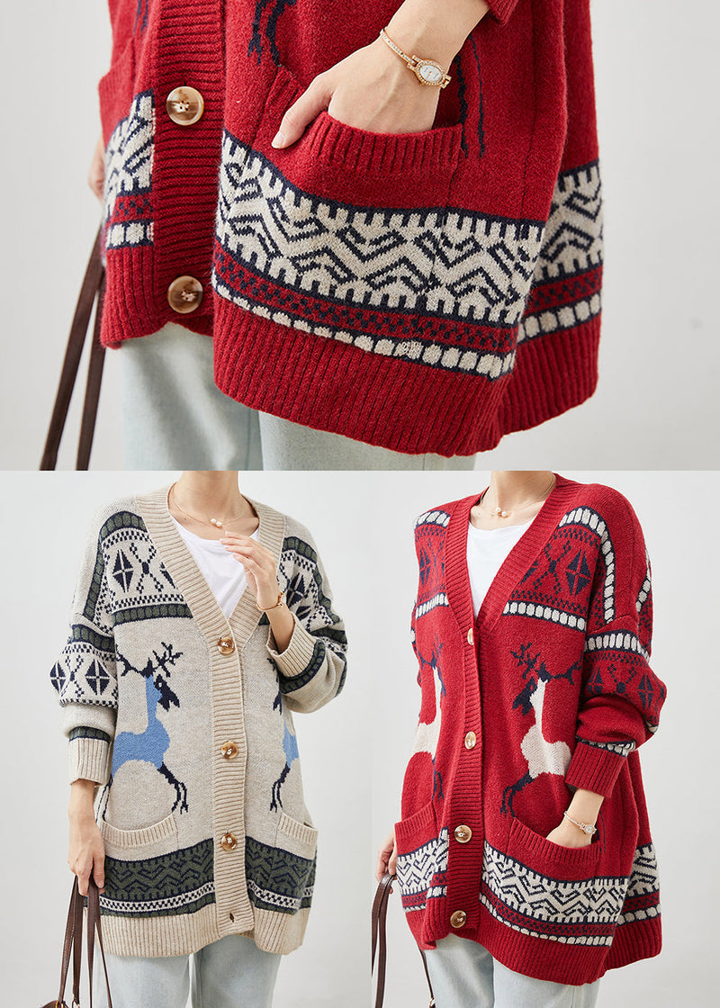 Khaki Oversized Print Knit Cardigans Winter