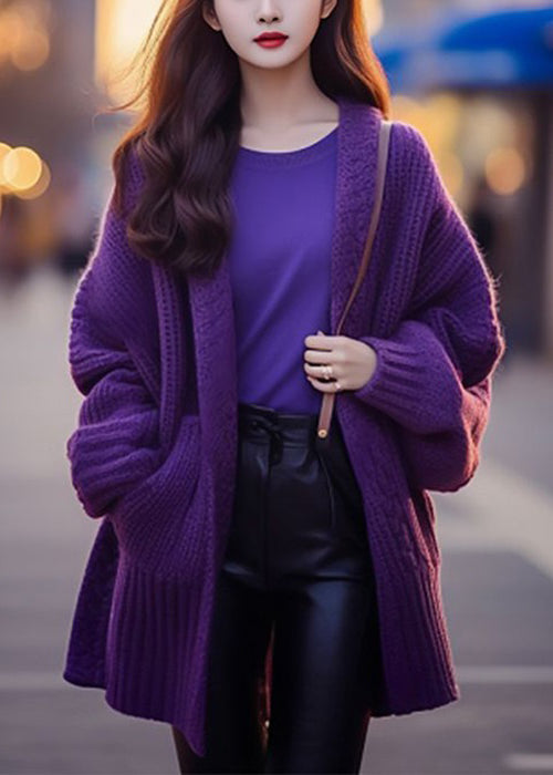 Purple V Neck Pockets Cotton Knit Cardigan Long Sleeve