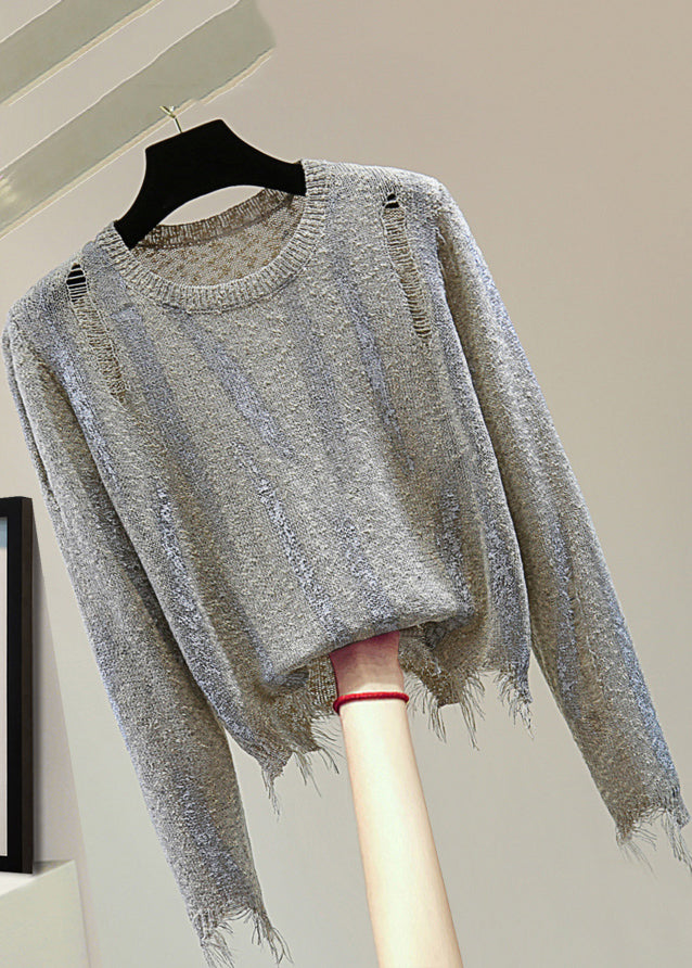 Unique Black O-neck Striped Hole Cotton Knit Sweaters Spring