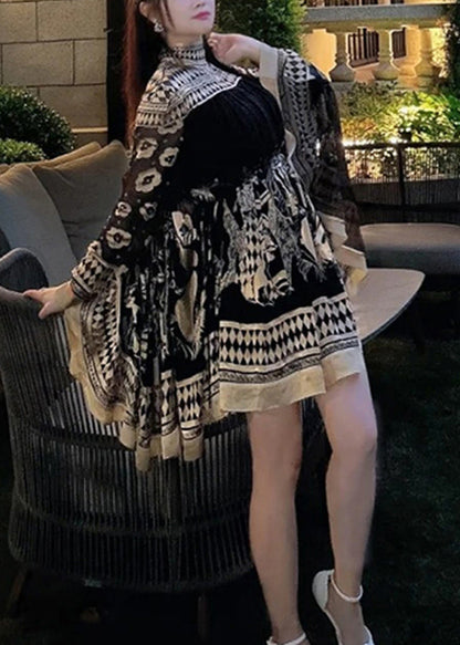 Diy Black Oversized Print Holiday Dress Batwing Sleeve