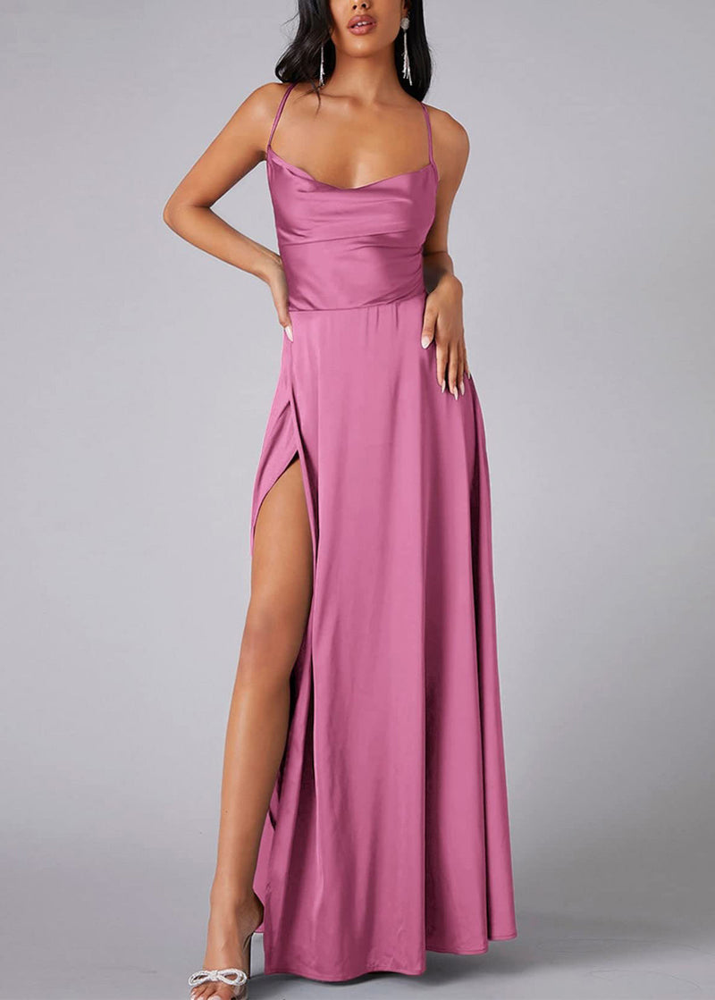 Khaki Side Open Silk Spaghetti Strap Dress Summer