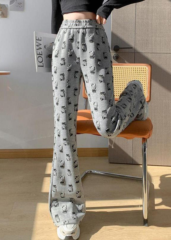 Grey High Waist Cartoon Print Cotton Flared Trousers Spring