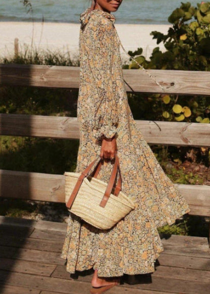 Khaki Ruffled Print Patchwork Cotton Long Dress Spring