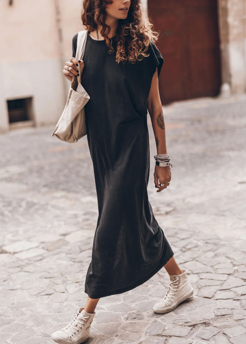 Light Grey O Neck Side Open Cotton Long Dress Summer