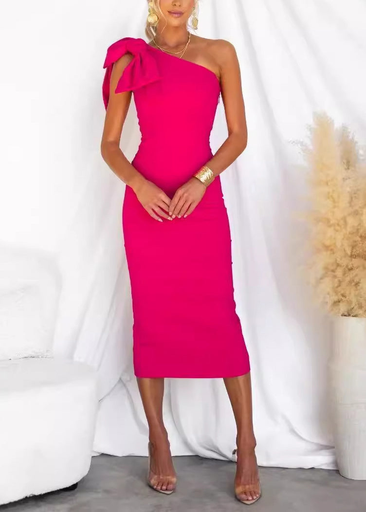 Slim Fit Rose One Shoulder Bow Cotton Long Dress Summer