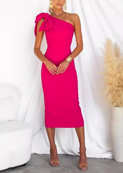 Slim Fit Rose One Shoulder Bow Cotton Long Dress Summer