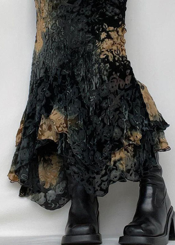 Black Asymmetrical Print Ruffled Patchwork Silk Velour Skirt