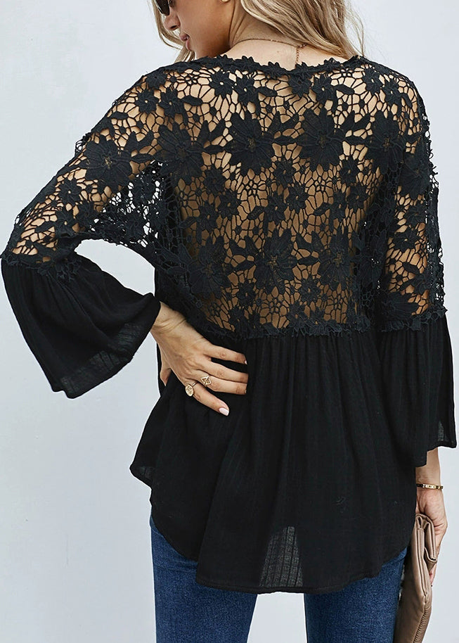 Black Hollow Out Tops V Neck Fall